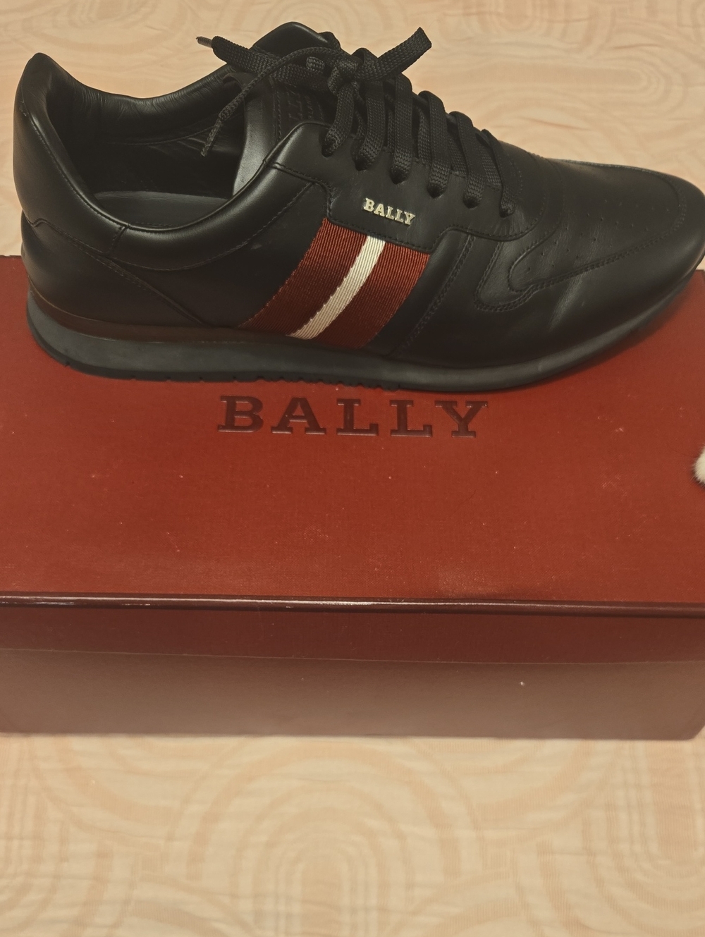 Bally Black Leather Sneaker with Red and White Stripe